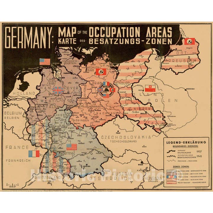 Carte historique de 1945 de l'Allemagne et de l'Europe centrale après la Seconde Guerre mondiale pour la vente par Historic Pictoric