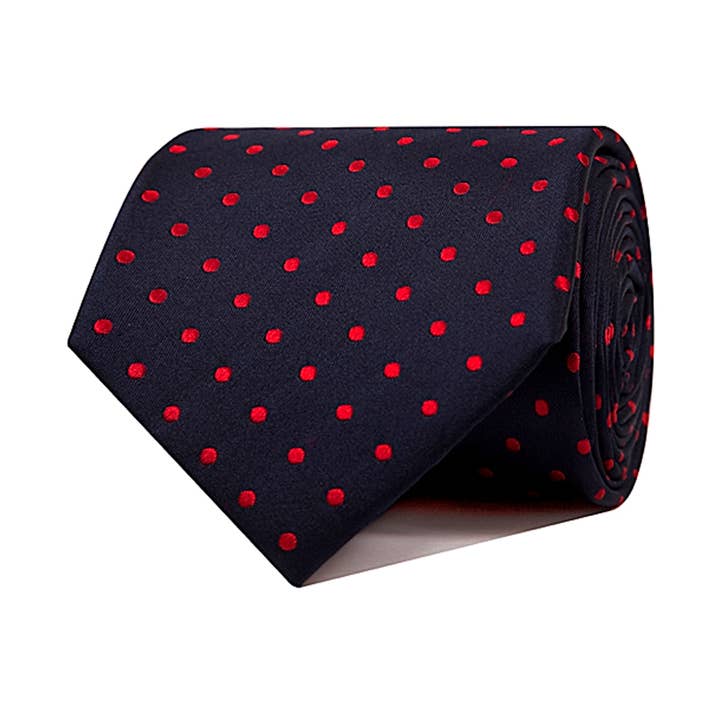 Corbata de seda marino con lunares rojos para venta al por mayor de Ox Gemelos
