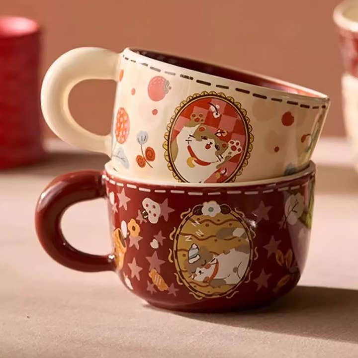 Ceramic mug with cat illustration for wholesale by MinoCraft