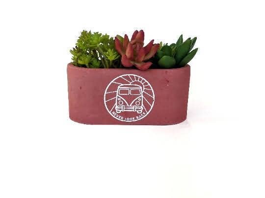 Wize Owl Concrete Candles & Designs - Wholesale Plant Pot - VW Bus Oval Red Concrete Succulent Inspirational Planter **Planter Only3