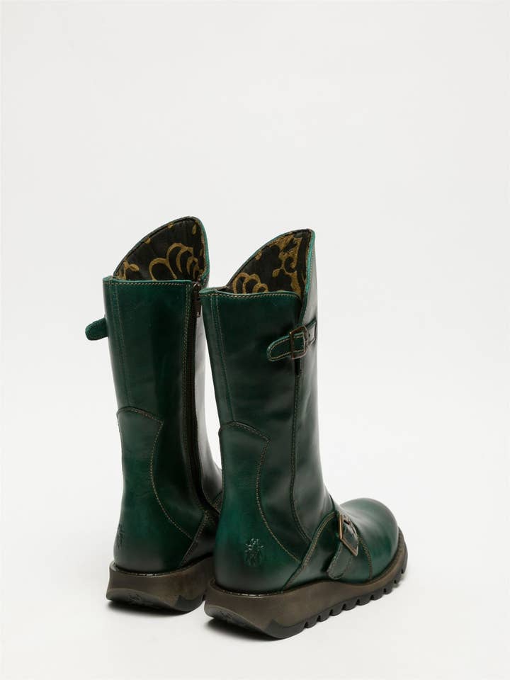 Gasolina Botas de plataforma con cremallera de cuero, tacón de cuña y hebilla para mujer Fly London MES 2 verde hasta media pantorrilla. de venta al por mayor en Faire3