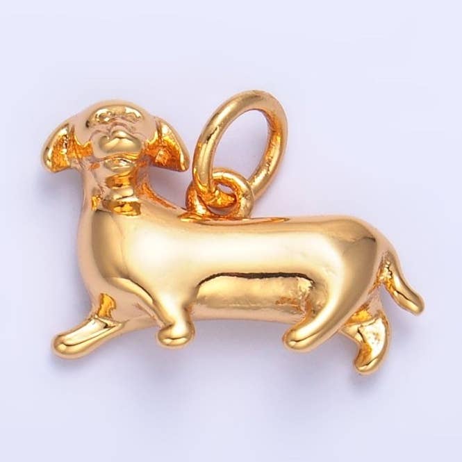 Aim Eternal - Wholesale Individual Charm/Pendant - 24K Gold Filled Sausage Weiner Dachshund Pet Dog 3D Multidimensional Charm | W3880