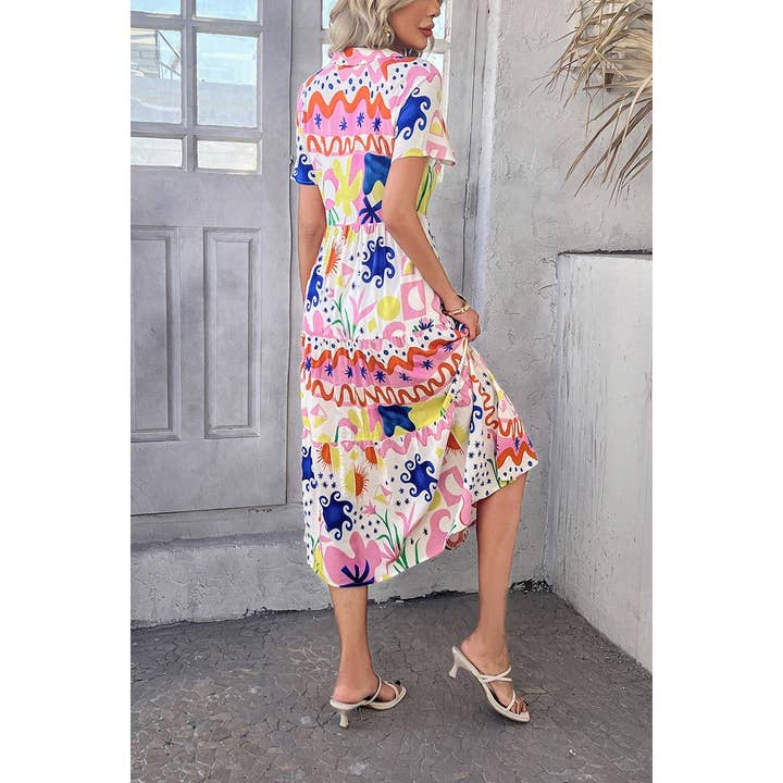 Elings - Wholesale Dress - Women's - Allover Printed Button Down Ruched Long Dress6