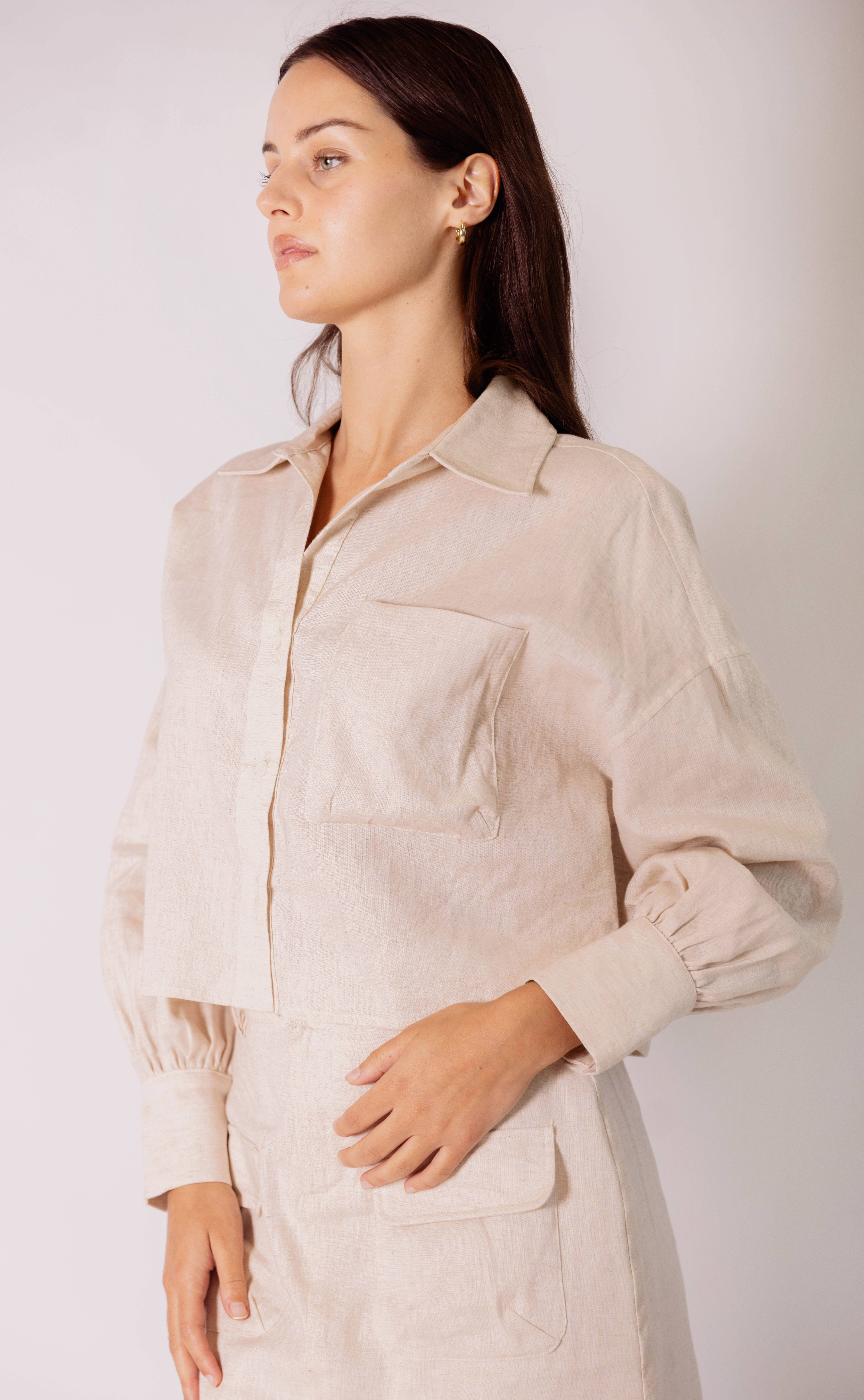 Natural P.CILL 100% Linen Cropped Button Up Shirt for wholesale on Faire3