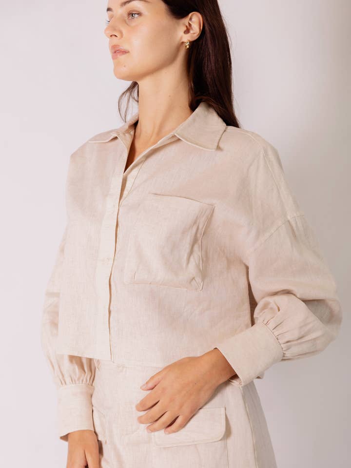 Natural P.CILL 100% Linen Cropped Button Up Shirt for wholesale on Faire3
