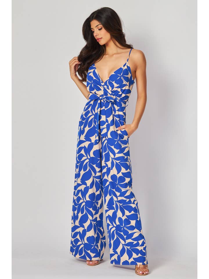 B I G H I T Fashion - Wholesale Jumpsuit - Women's - Leaf Print Jump-suit with Side Pocket HR2534-BLUE2