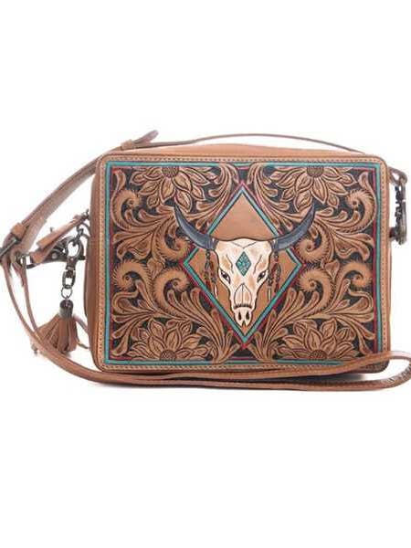 Longhorn Tooled Crossbody (WB-028) for wholesale by Ganges Grain Inc