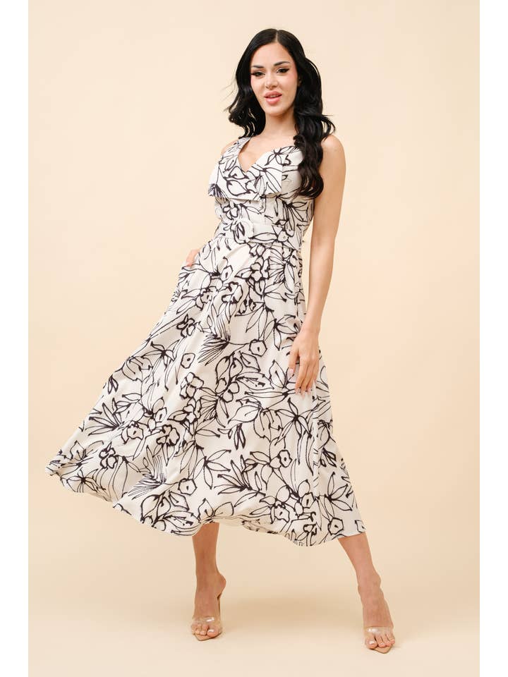 Tea & Cup - Wholesale Dress - Women's - Floral print wide Strap dress with matching belt