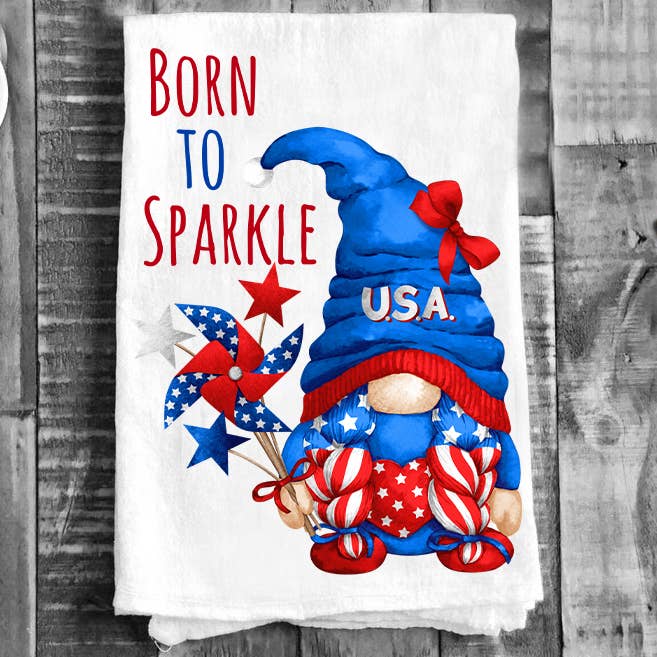 Strofinaccio a sacco «Gnome Born to Sparkle Flour» del 4 luglio per la vendita all'ingrosso da parte di Avery Lane Gifts