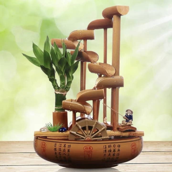everythingbamboo - Wholesale Decorative tabletop object - Bamboo Handmade Handcrafted Water Feature Fountain With Basin Flowing Water Wheels Home Decor Many Styles3