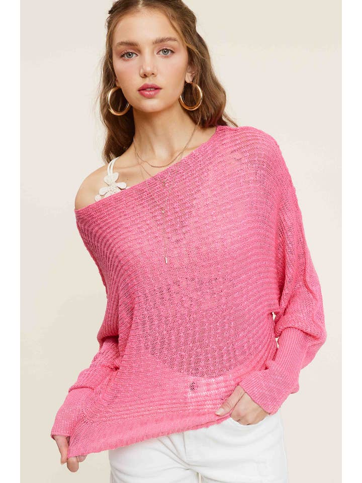 La Miel - Wholesale Knit Sweater - Women's - MCS3583-Lightweight Dolman Sleeve Boat Neck Sweater Top4