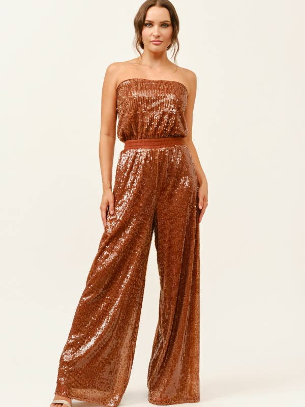 Strapless Sequin Wide-Leg Jumpsuit for wholesale by Miss Avenue