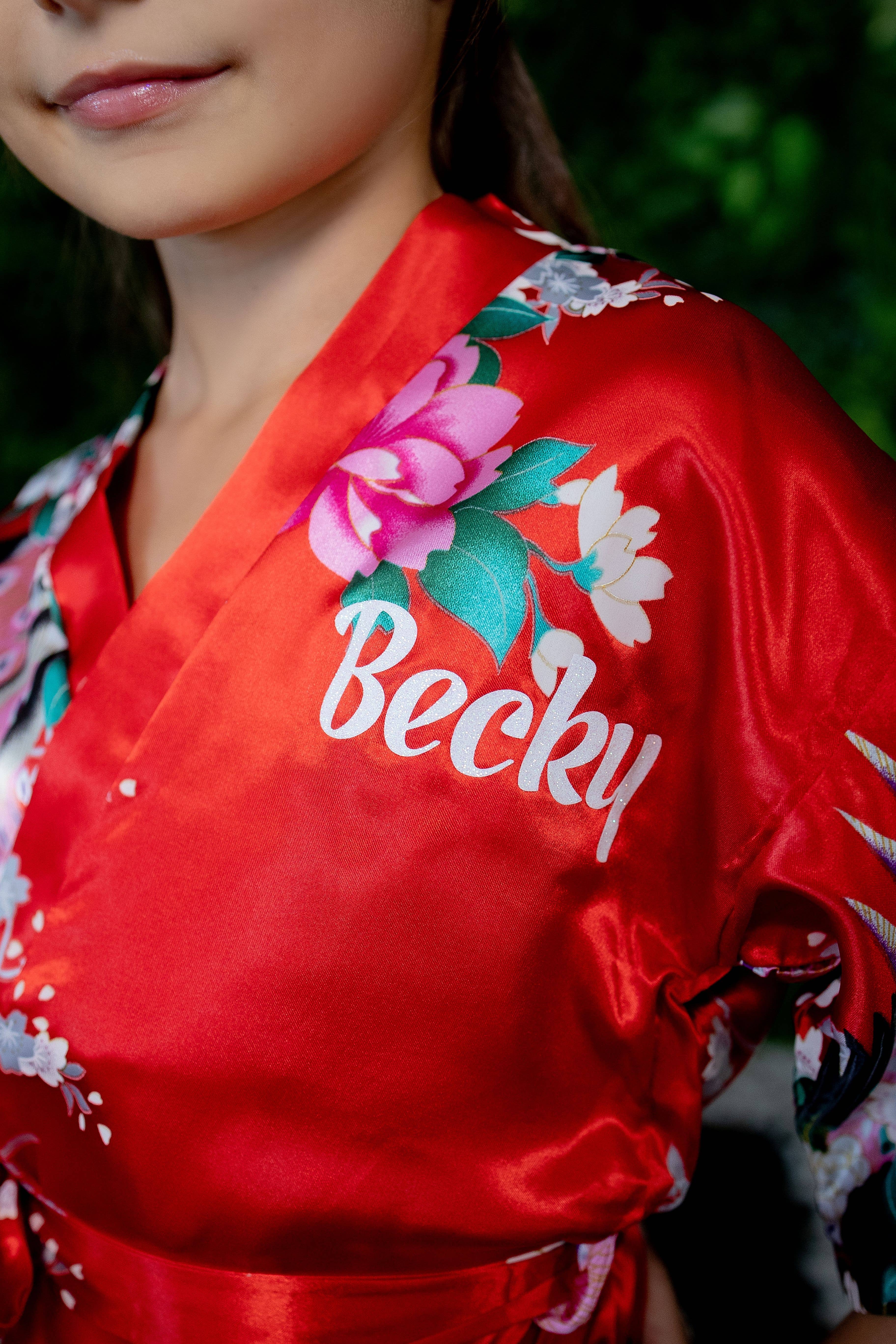 Sisters G Kids – Roupão de banho - Crianças por atacado – Kimonos infantis de cetim com estampa floral e pavão18