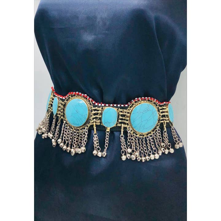 vintarust - Wholesale Riem - Dames - Afghan Kuchi Turquoise Stenen Buikriem met zilveren bellen
