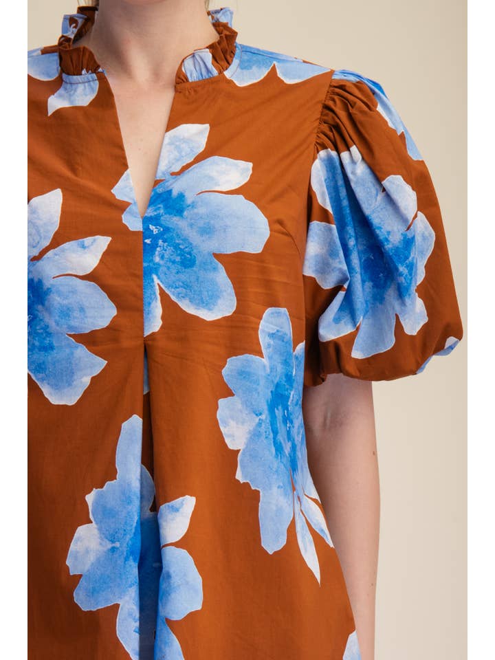 Glam - Wholesale Dress - Women's - Ruffle V-Neck Puff Sleeve Waist Pleated Midi Dress7