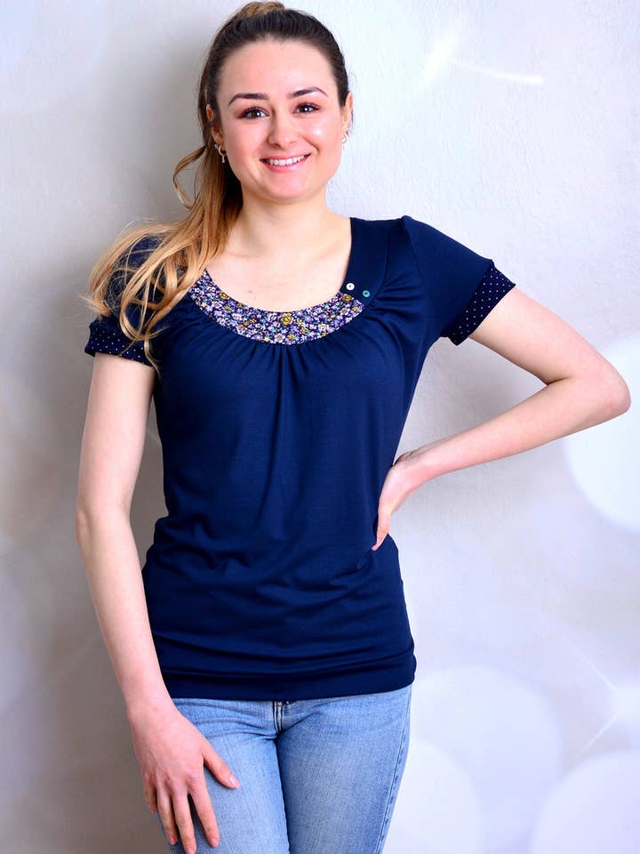 Women's jersey shirt Susanne dark blue buttons flowers blue by STADTKIND POTSDAM for wholesale by Stadtkind Potsdam