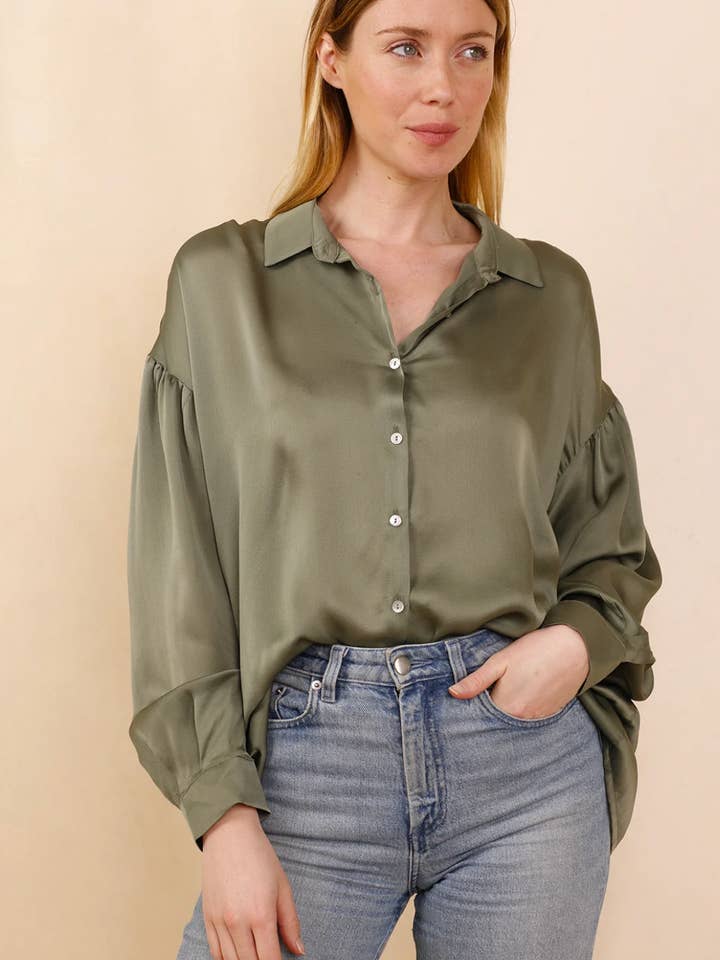 Hortence - Wholesale Button Down Shirt - Women's - LUCCIANA 100% SILK KHAKI SHIRT0