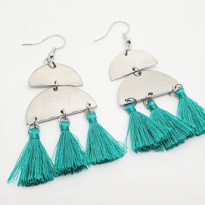 Silver Turquoise Tassel Dangle Earrings for wholesale by Tots And Tumblers Art