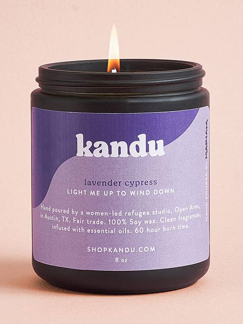 Lavender Cypress 8oz Hand-Poured Soy Wax Candle for wholesale by Matr Boomie Fair Trade