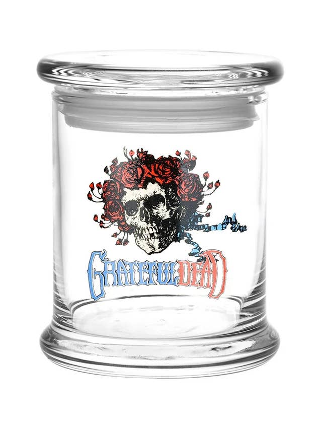 Skull & Roses Grateful Dead Glass Jar with Pop Top 1/2 Oz for wholesale by Sunshine Joy