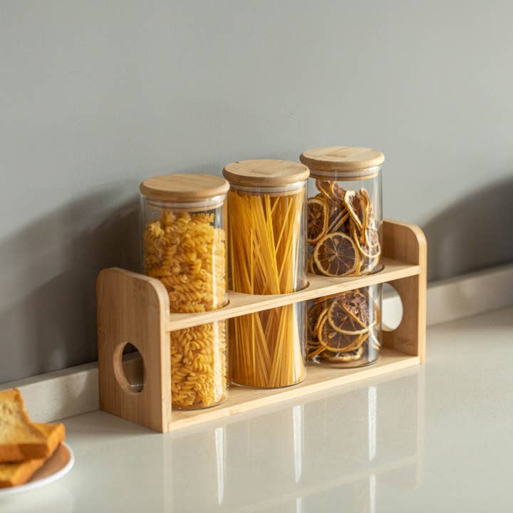 Quickway Imports - Wholesale Kitchen Storage/Organizer - Basicwise 3 Pcs 30oz Glass Jars with Bamboo Shelf4