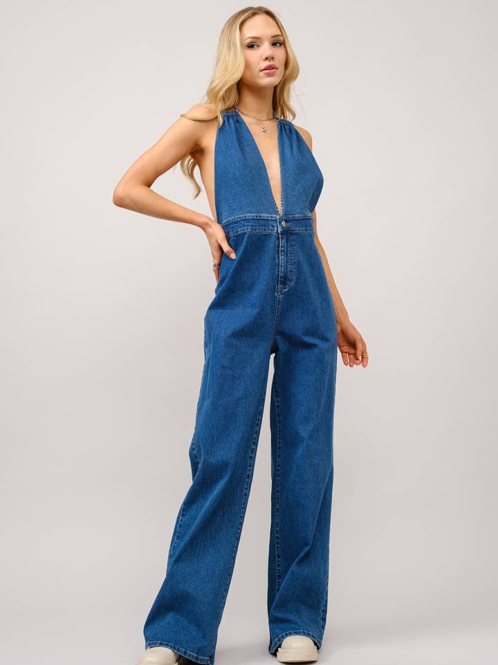 80359R - Halter Tie Back Plunge V Denim Jumpsuit for wholesale by Blue B