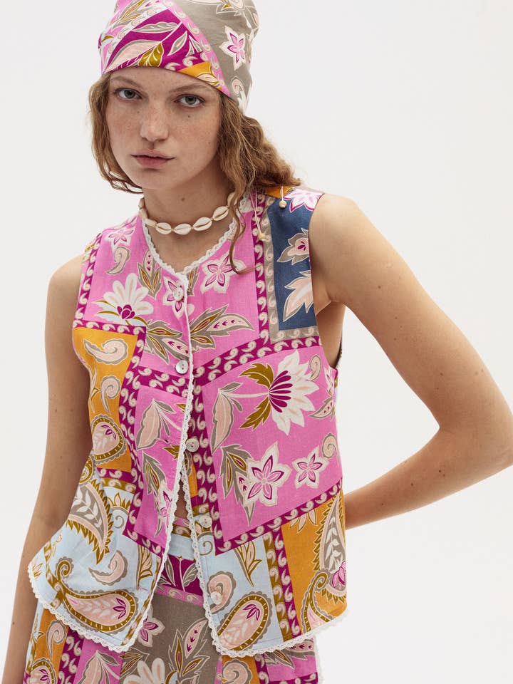 Folk-Leinenoberteil - Calypso-Print für den Großhandel von Lanhtropy