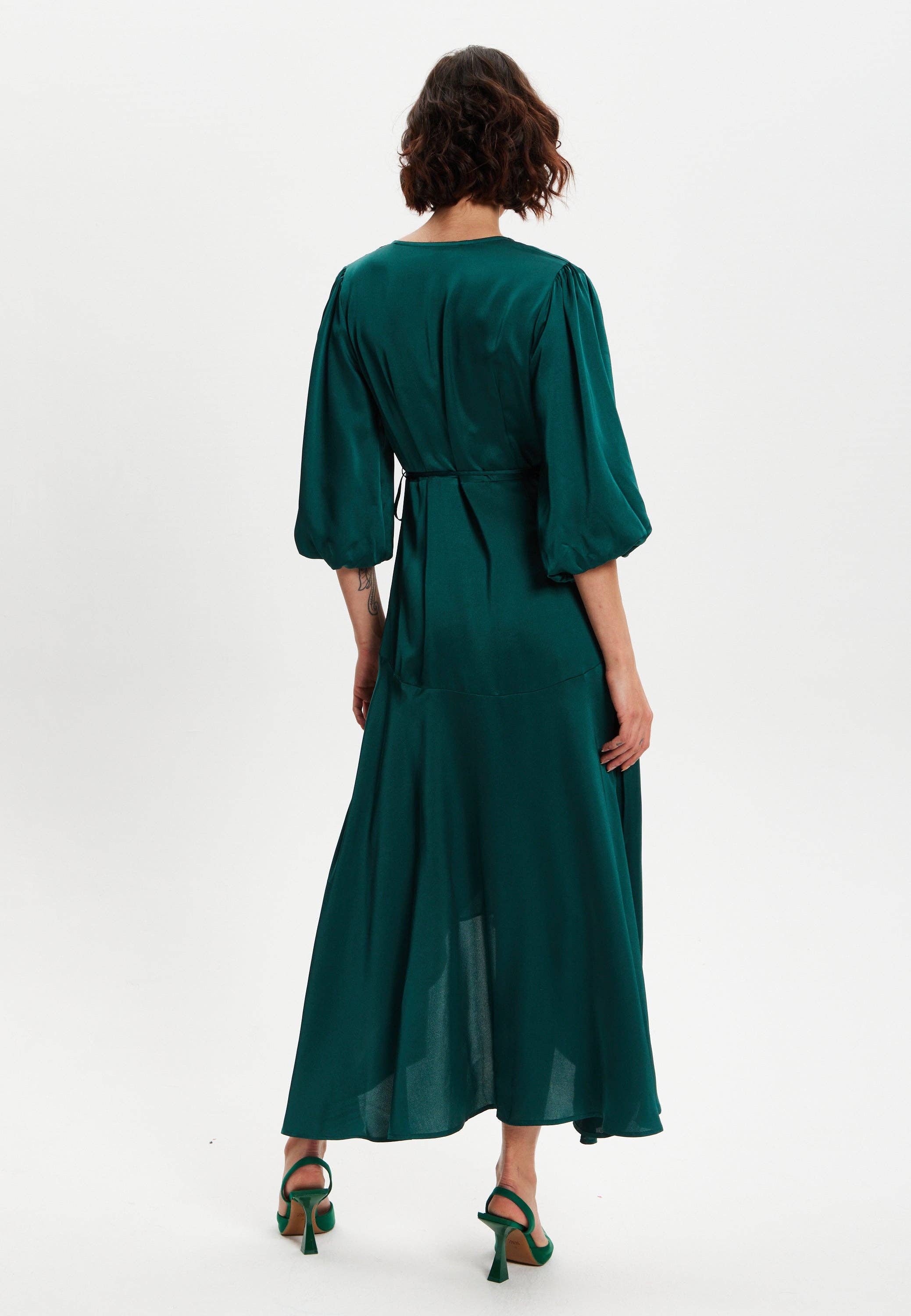 Liquorish Dark Green Midi Wrap Dress With Short Puff Sleeves for wholesale on Faire4