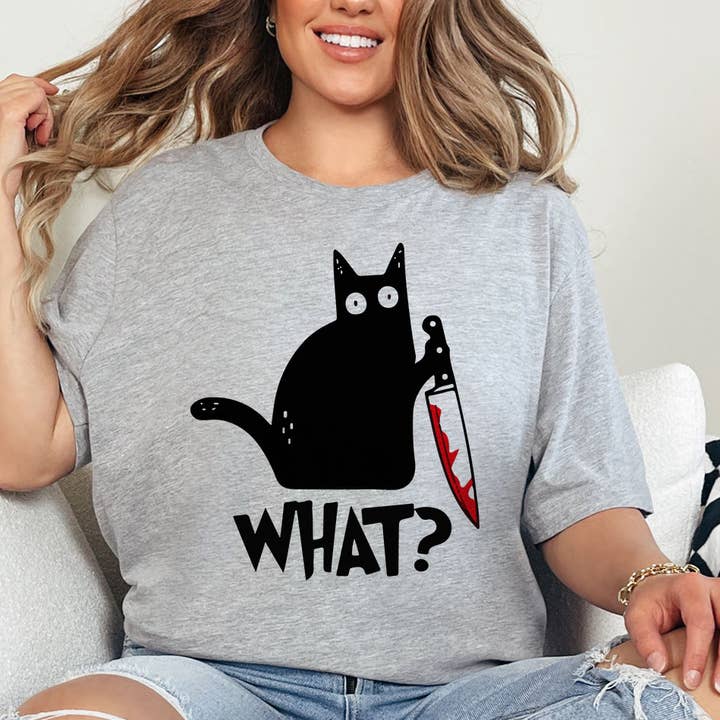 Katze Messer Was - Lustiges Schwarzes Katzen T-Shirt für den Großhandel von House Of Rodan