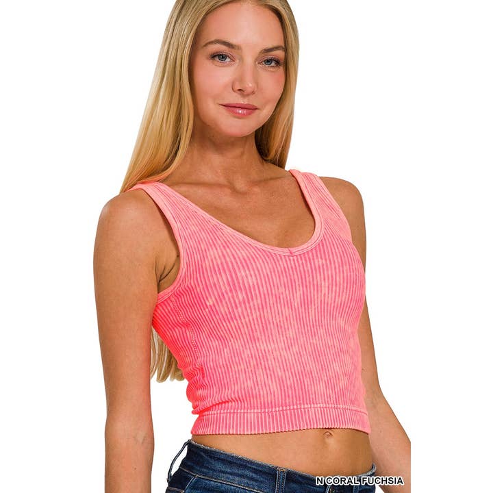 Apolline – wholesale Tank top – Women′s – WASHED RIBBED CROPPED BRA PADDED V-NECK TANK TOP ZENANA