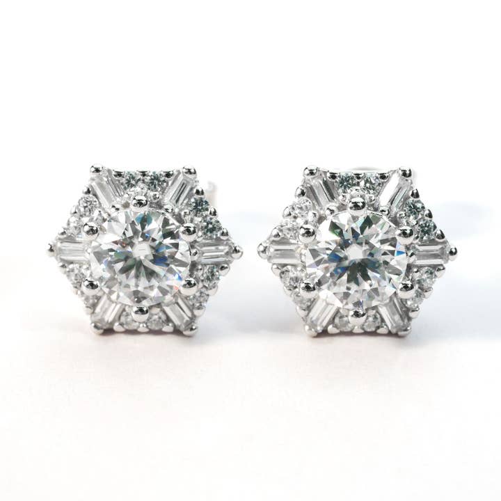 Art Deco Hexagon Moissanite Cluster Earrings in Silver for wholesale by Sparkile