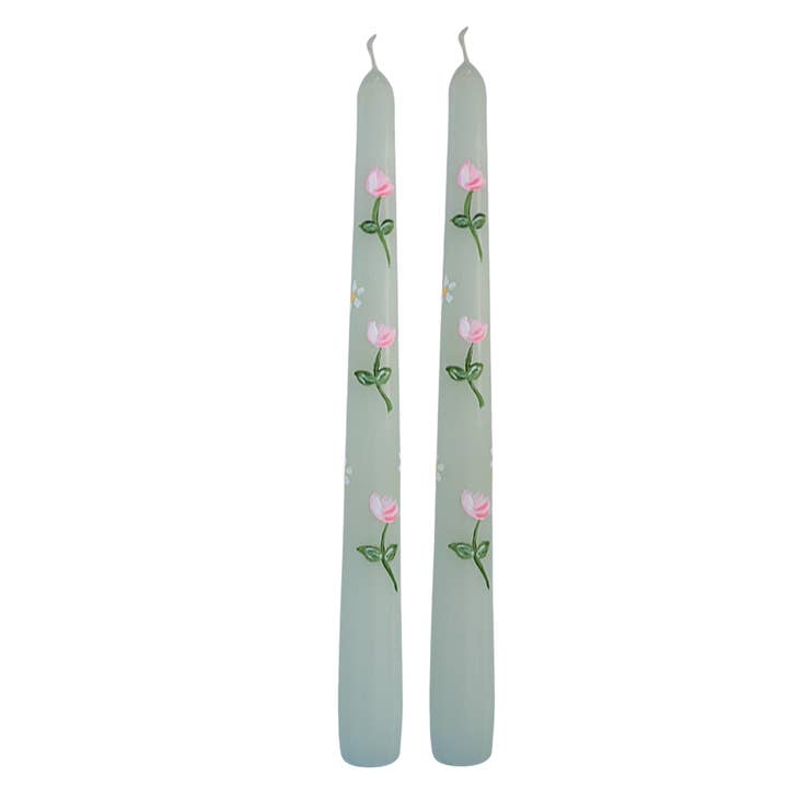 Ensemble de 2 bougies peintes à la main Pivoine sur sauge pour la vente par Pretty Homestyle