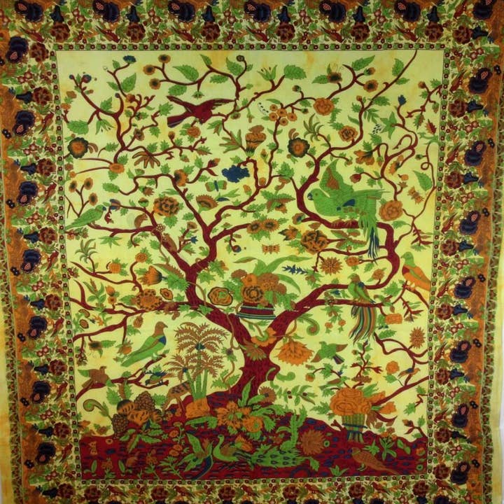 Tapisserie Oiseaux Arbre de Vie Jaune pour la vente par Wild Lotus