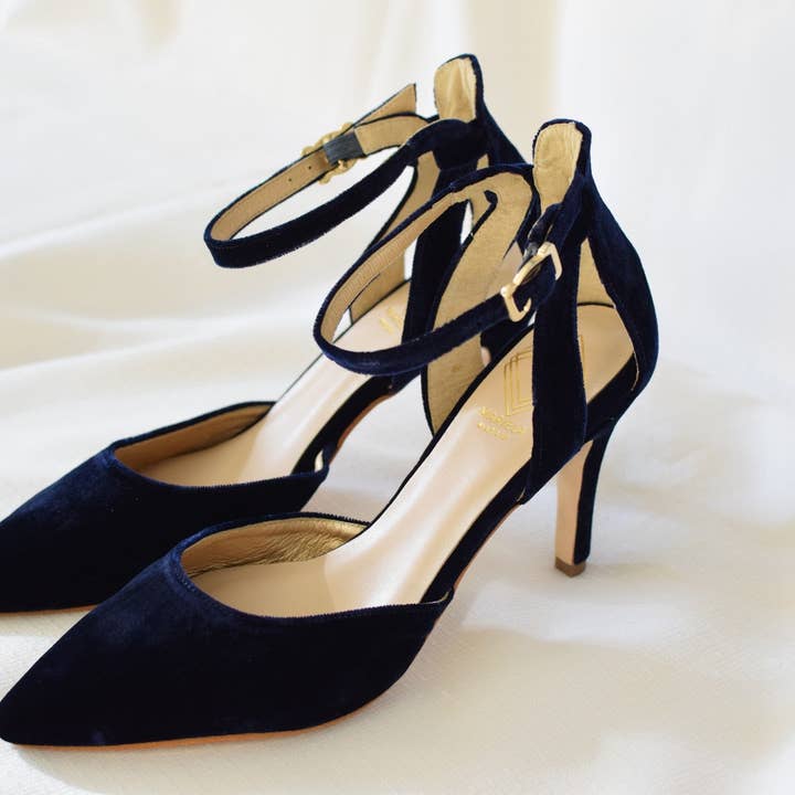 Navy Blue Velvet MARIELA SALAMANCA luxury hiking shoes for women for wholesale on Faire