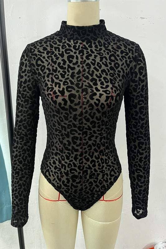 BLACK leopard mesh long sleeves bodysuit for wholesale on Faire6