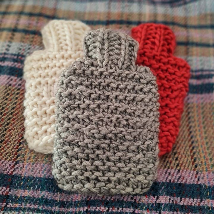 Chunky handknit hot water bottle cover and insert for wholesale by Chi-Chi Moi