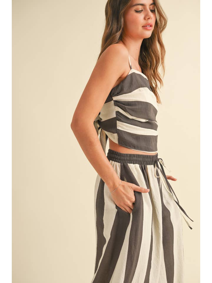 Brown T4523ST WIDE STRIPE PATTERN TIED IN BACK TOP for wholesale on Faire
