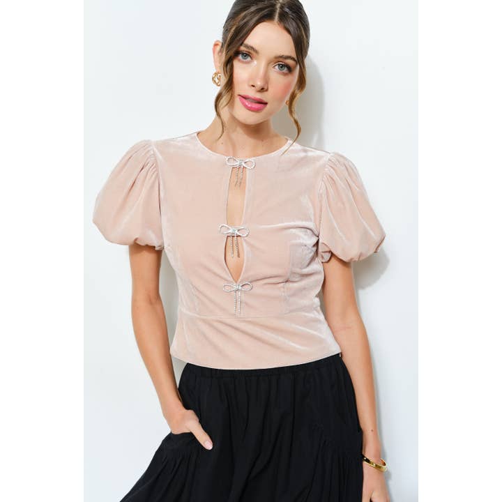 Rhinestone Bow Cutout Velvet Puff Sleeve Top for wholesale by INA