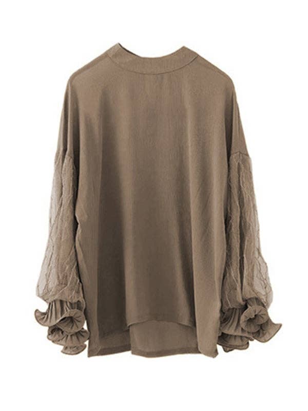 Sheer Trend - Wholesale Blouse - Dames - Eenvoudig hemd van chiffon met pofmouwen en gaassplitsende kleur6
