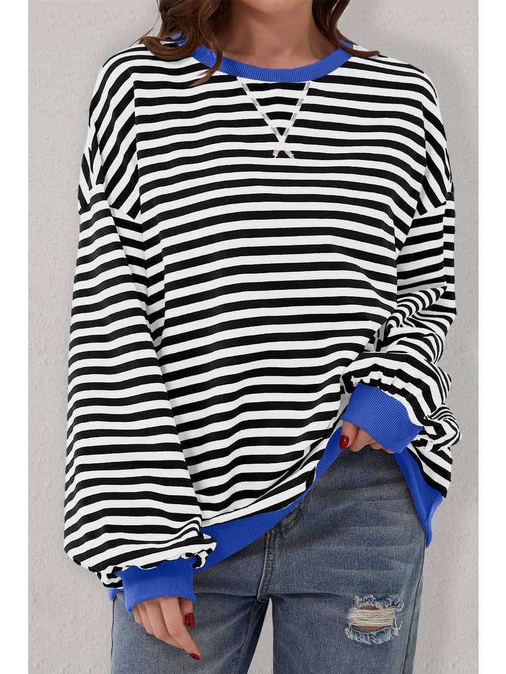 Amaryllis Apparel - Wholesale Sweatshirt - Women's - Stripe Oversized Contrast Trim Pullover Sweatshirt9