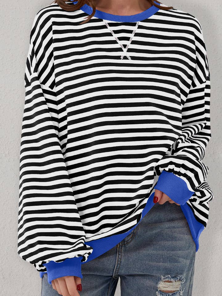 Lovesoft - Wholesale Sweatshirt - Women's - Stripe Oversized Contrast Trim Pullover Sweatshirt9