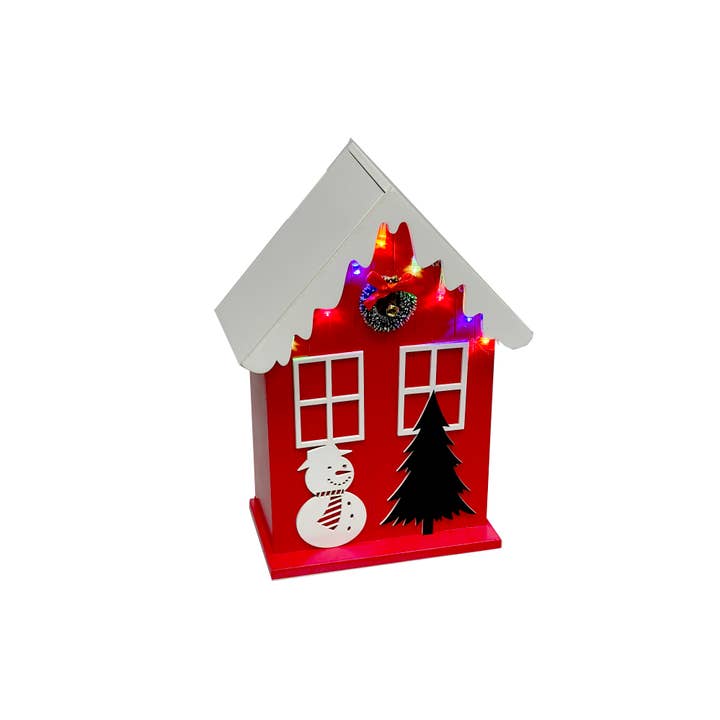 LED HOUTEN HUIS MET SNEEUWMAN (ROOD) MET TIMER voor wholesale door IH Casa Decor