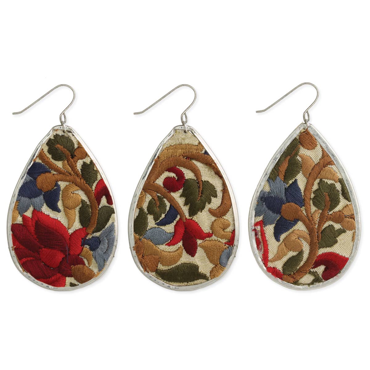 ZAD - Wholesale Dangle Earrings - Red Flower Embroidered Elegance Silver Teardrop Earring1