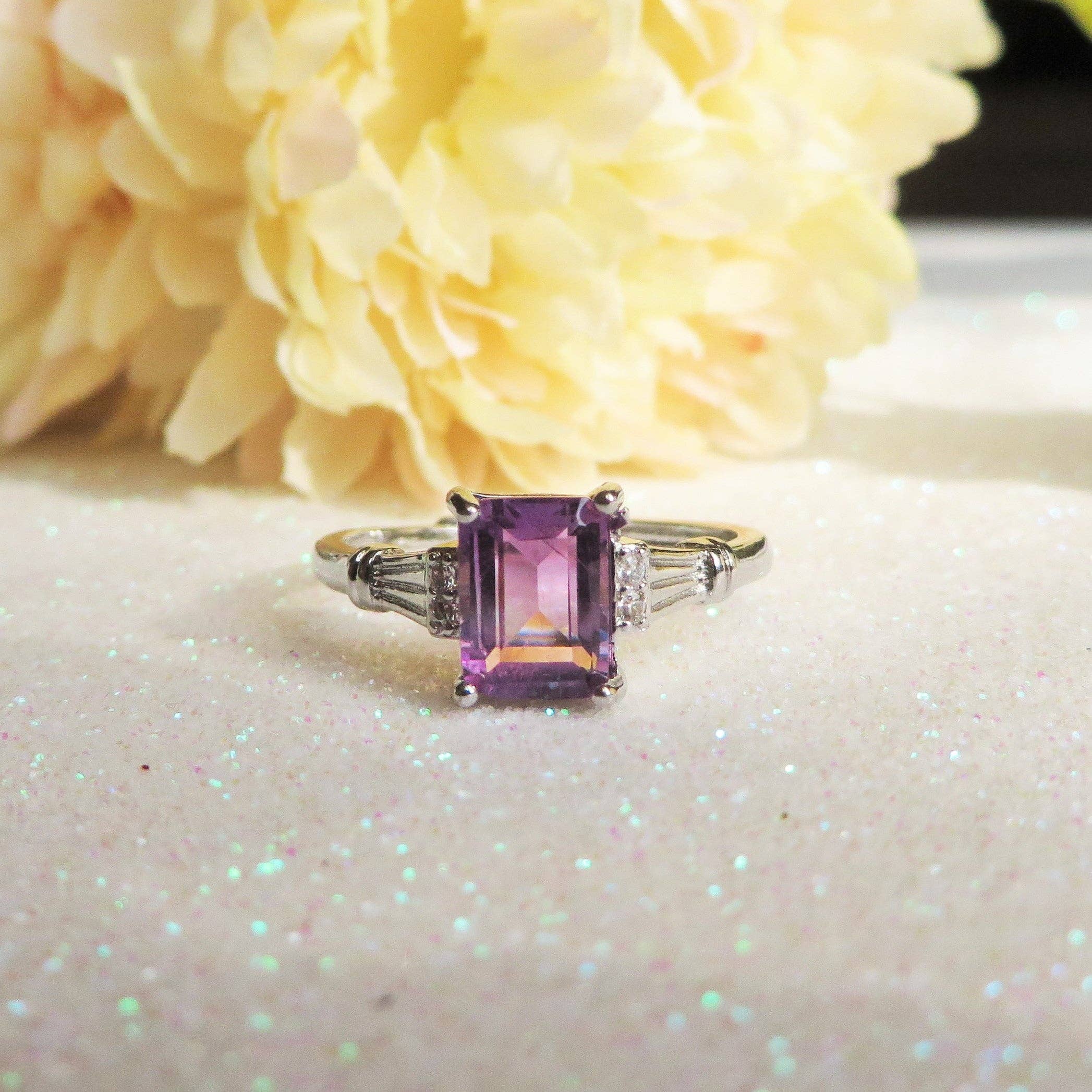 SHIVA ~ Adjustable ring in natural rectangular cut Amethyst with cubic zirconia for wholesale on Faire2