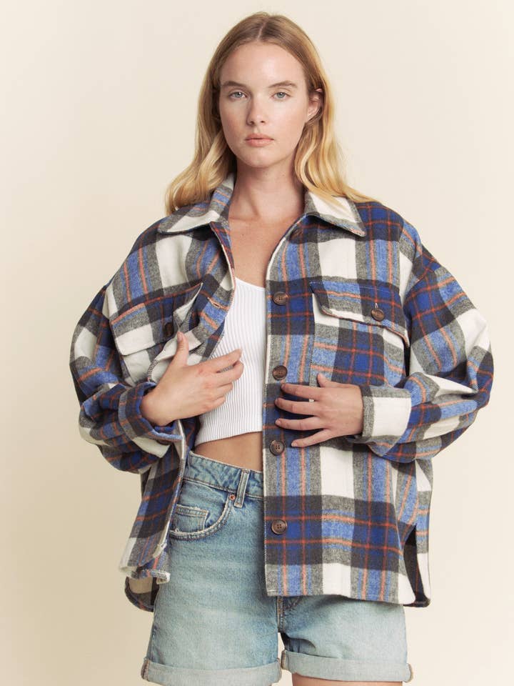BRUSHED PLAID BUTTON DOWN POCKET JACKET W/LONGSLV for wholesale by Hers & Mine
