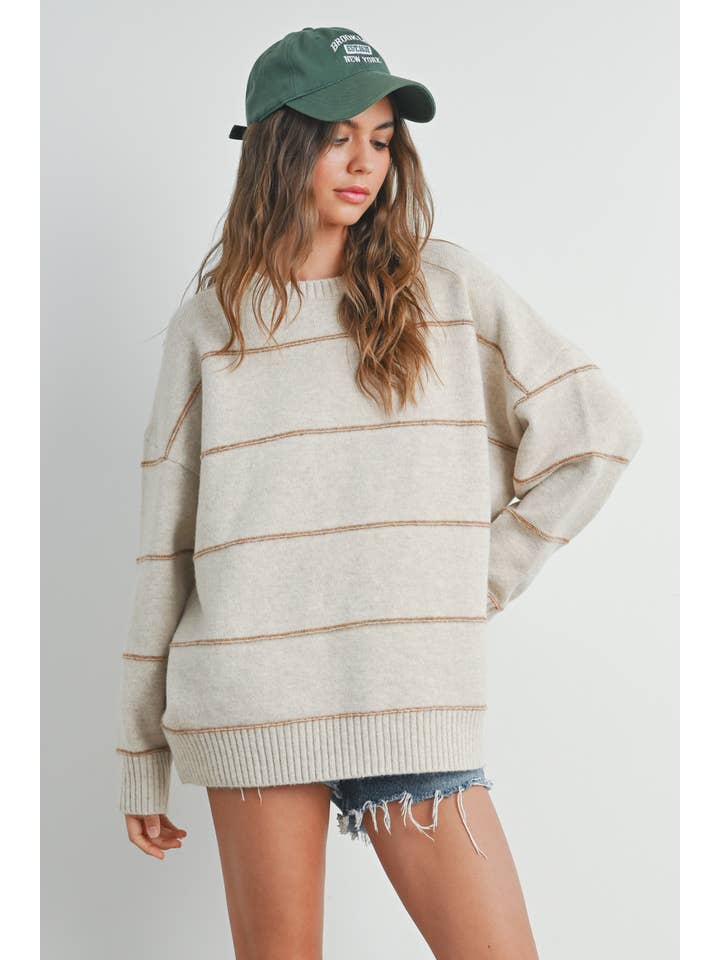 BUTTERMELON - Wholesale Knitted jumper – Women′s - Striped Pattern Drop Shoulder Sweater - BMW742123