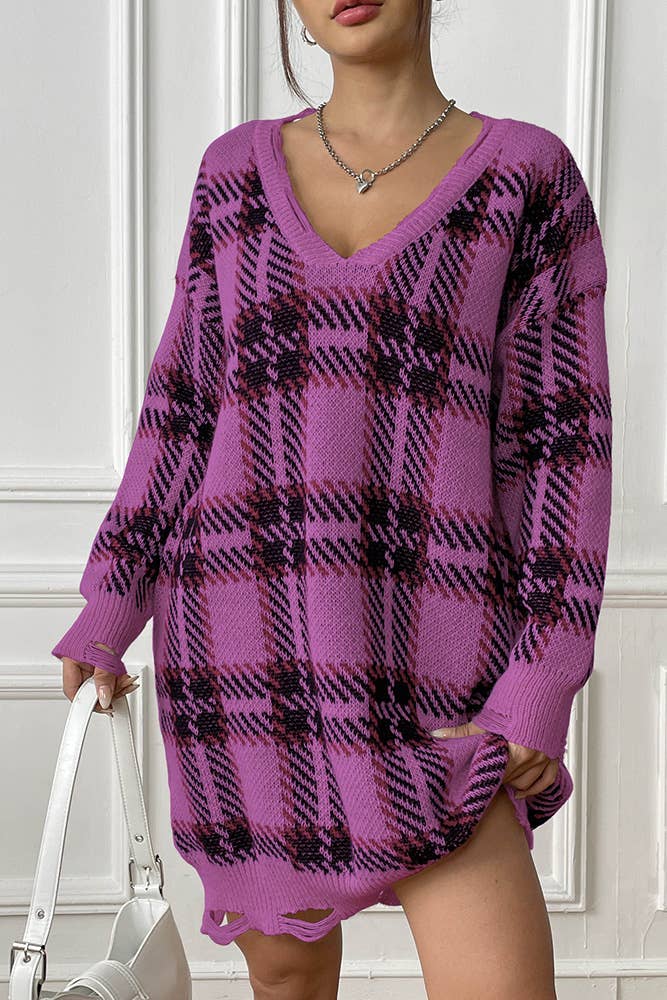 UNISHE – wholesale Dress – Women's – V Neck Plaid Knit Raw Edge One Size Sweater Dress OYM0965