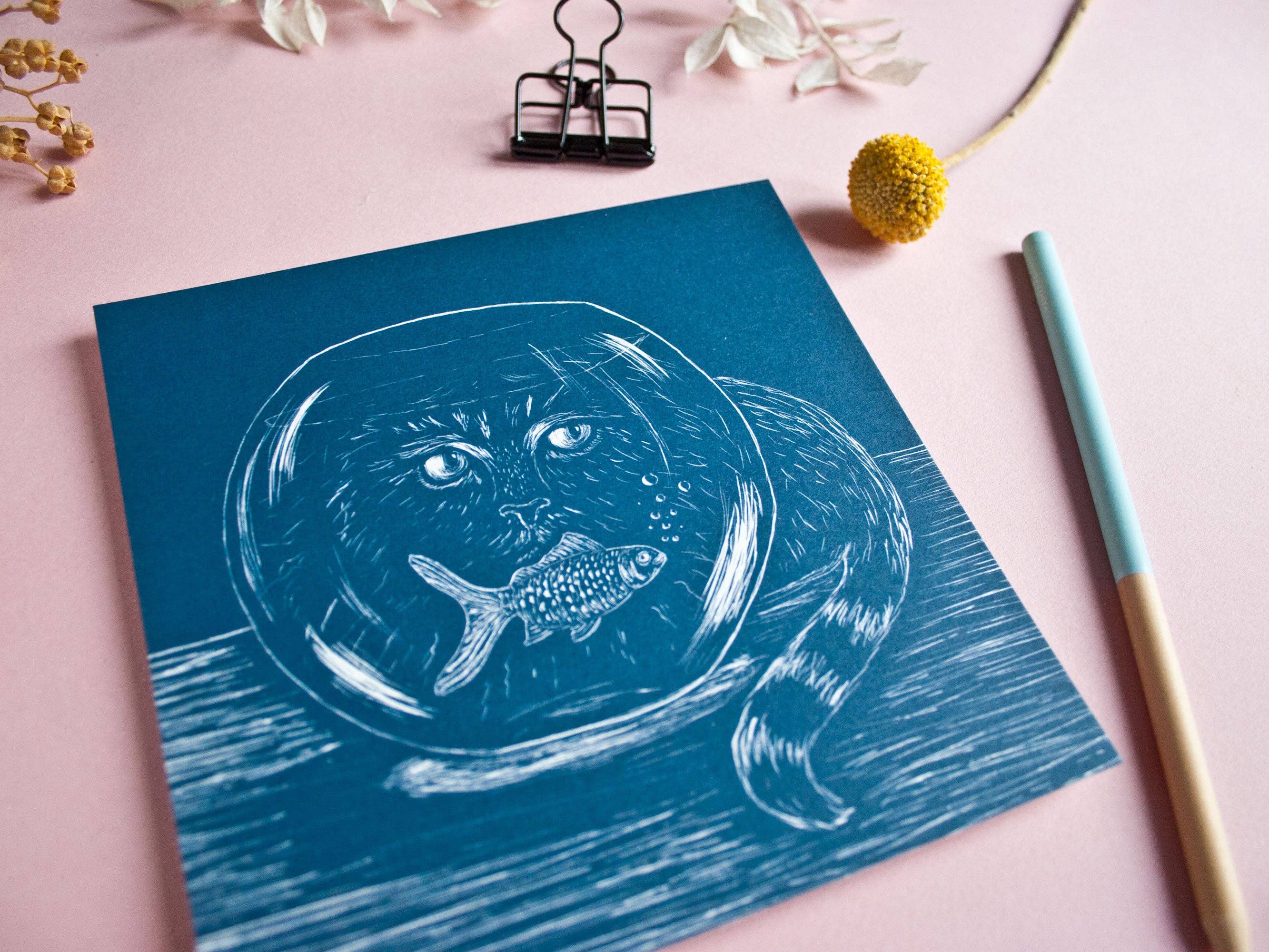 Katja Rub - Wholesale Postcard - Square Postcard Cat & Goldfish3