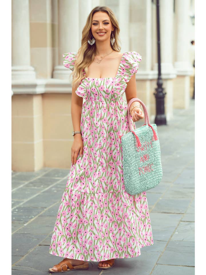 1 the Woman - Wholesale Dress - Women's - Floral Print Square Neck Ruffled Strap Maxi Dress6