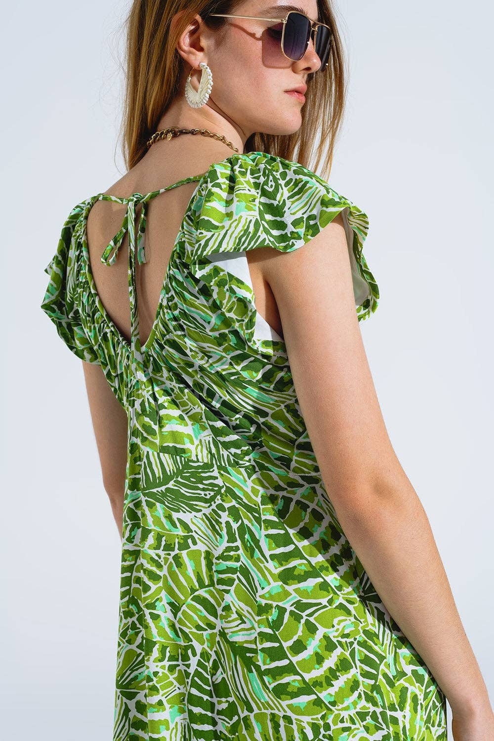 Midi Romantic Dress With Ruffled Short Sleeves in Green Leaf Print for wholesale on Faire5